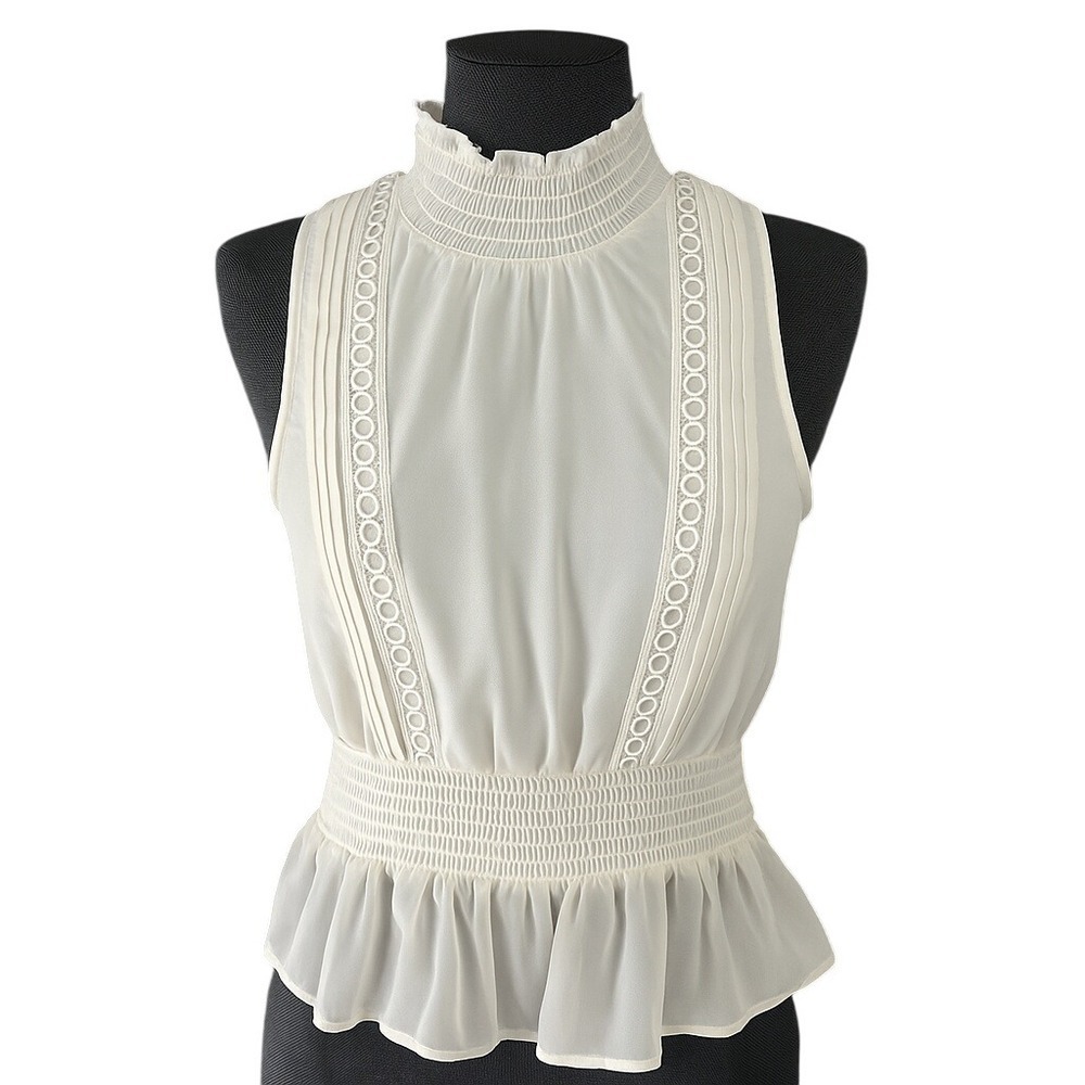 Japna Womens S Lace Peplum Blouse Ivory Sleeveless Smocked Ruffle Feminine Chic